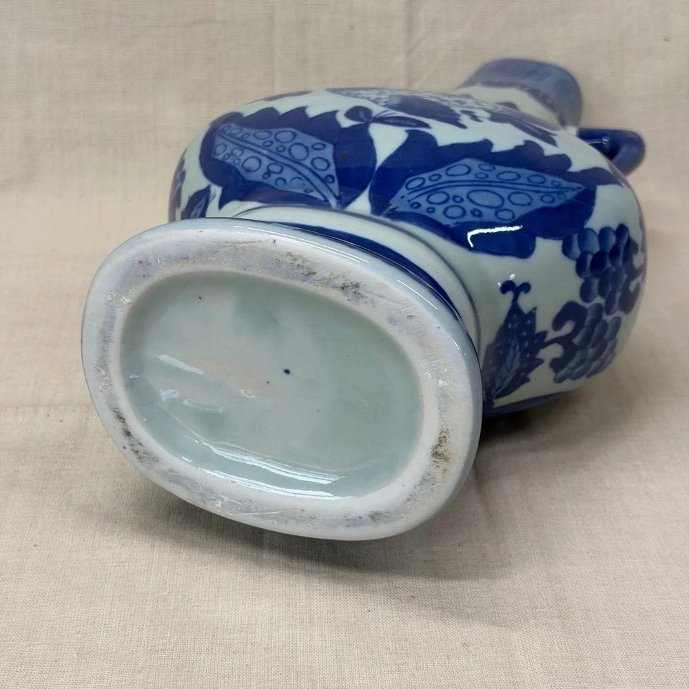Vintage Blue and White Porcelain Bird Vase with Handles Chinoiserie 12 Inch